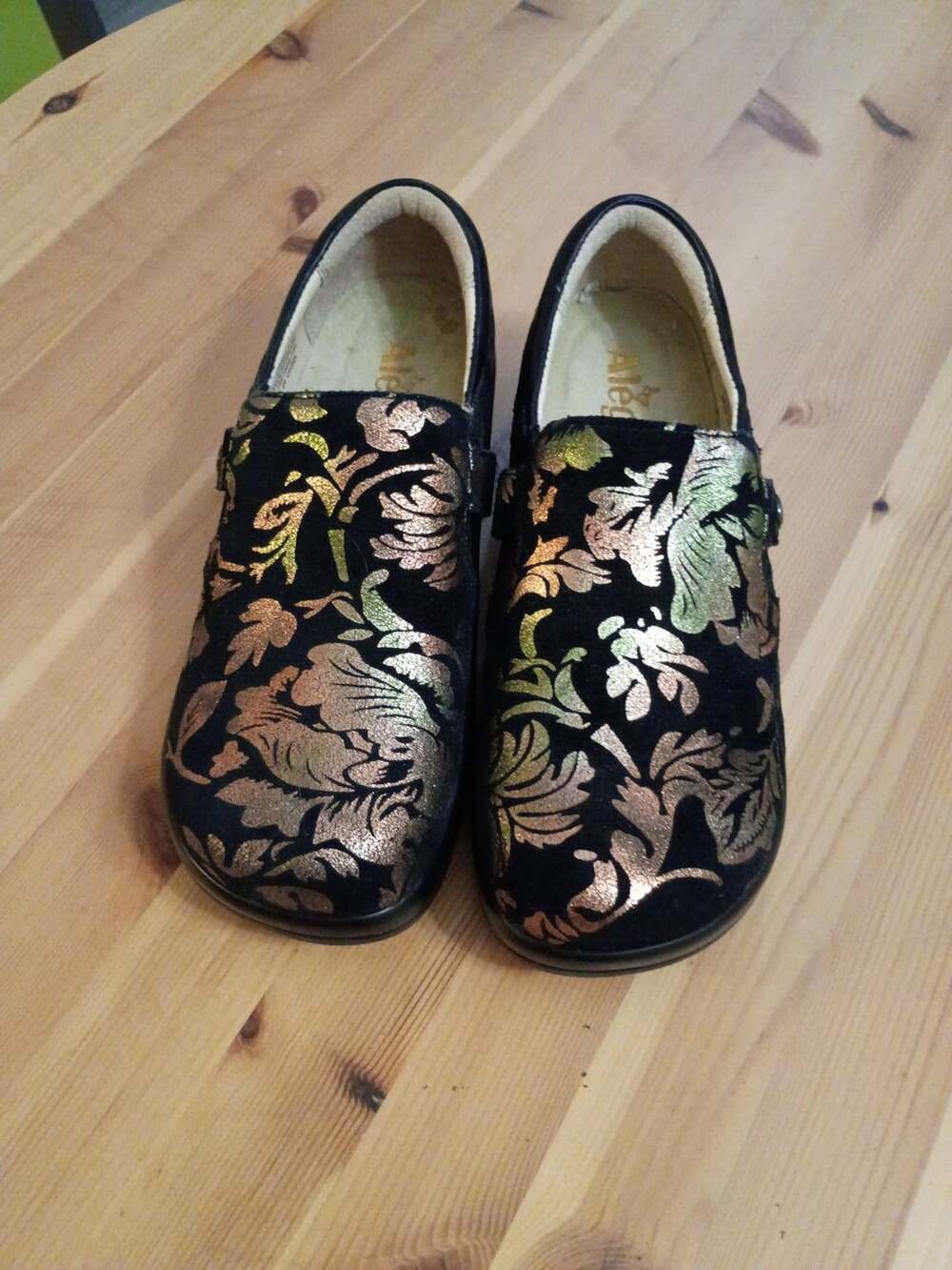 Alegria Kara Black Foil Floral Print Leather Slip-On Comfort Clogs